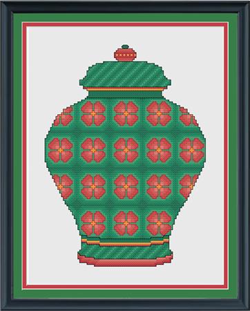 Coral And Emerald Floral Ginger Jar - CrossStitchCards