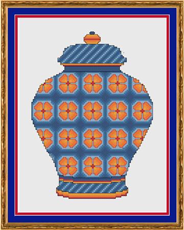 Orange And Blue Floral Ginger Jar - CrossStitchCards