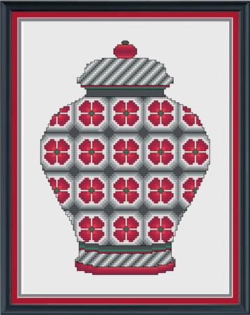 Red And Grey Floral Ginger Jar - CrossStitchCards