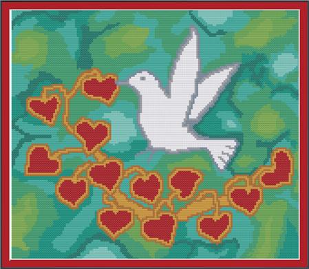 Bird & Hearts On Green Silk - CrossStitchCards