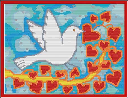 Bird & Hearts On Blue Silk - CrossStitchCards