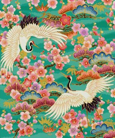 Blooming Sakuras And White Cranes - Cross Stitch Asia