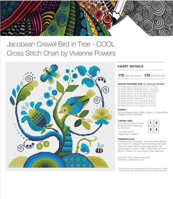 Jacobean Crewel Bird In Tree: Cool - Vivsters