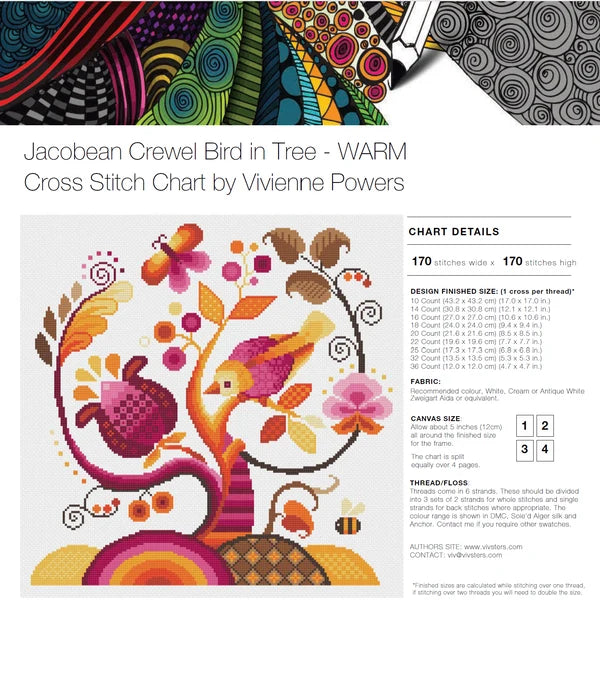 Jacobean Crewel Bird In Tree: Warm - Vivsters