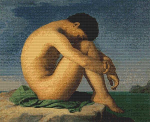Naked Young Man Sitting On A Rock - White Willow Stitching
