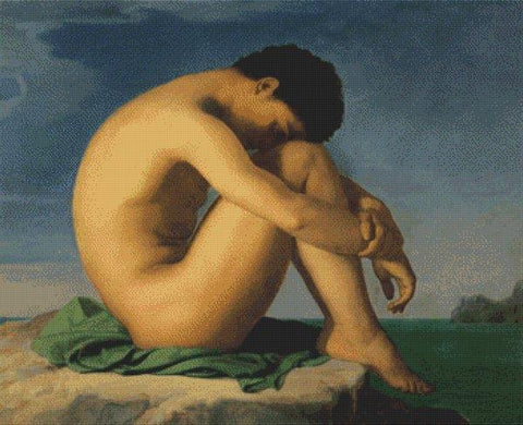 Naked Young Man Sitting On A Rock - White Willow Stitching