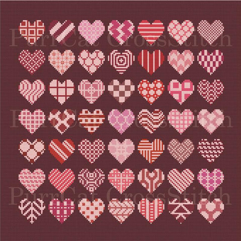 A Sampler Of Forty Nine Hearts In Fifty One Reds - PurrCat CrossStitch