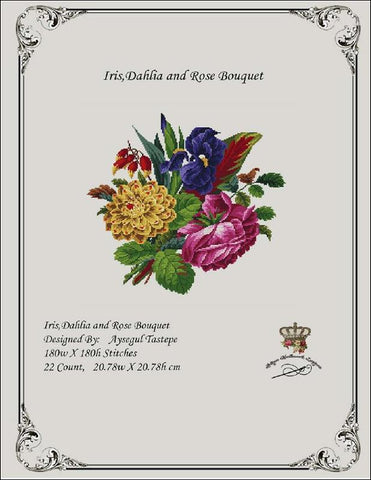 Iris, Dahlia And Rose Bouquet - Antique Needlework Design