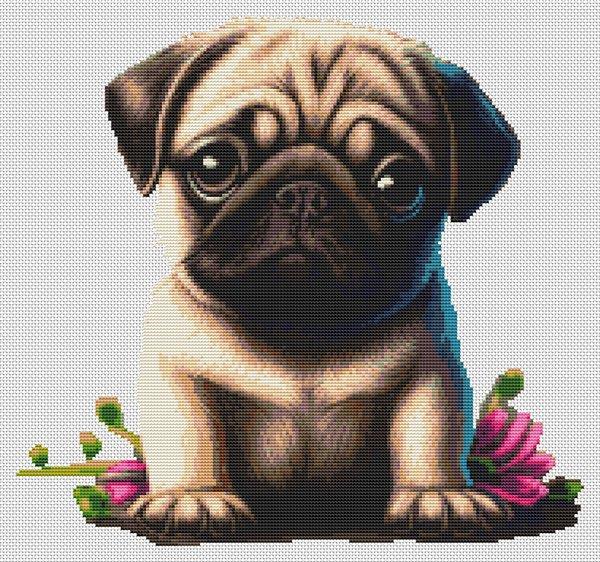 Pug And Flowers - White Willow Stitching