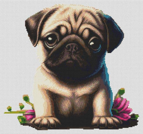 Pug And Flowers - White Willow Stitching