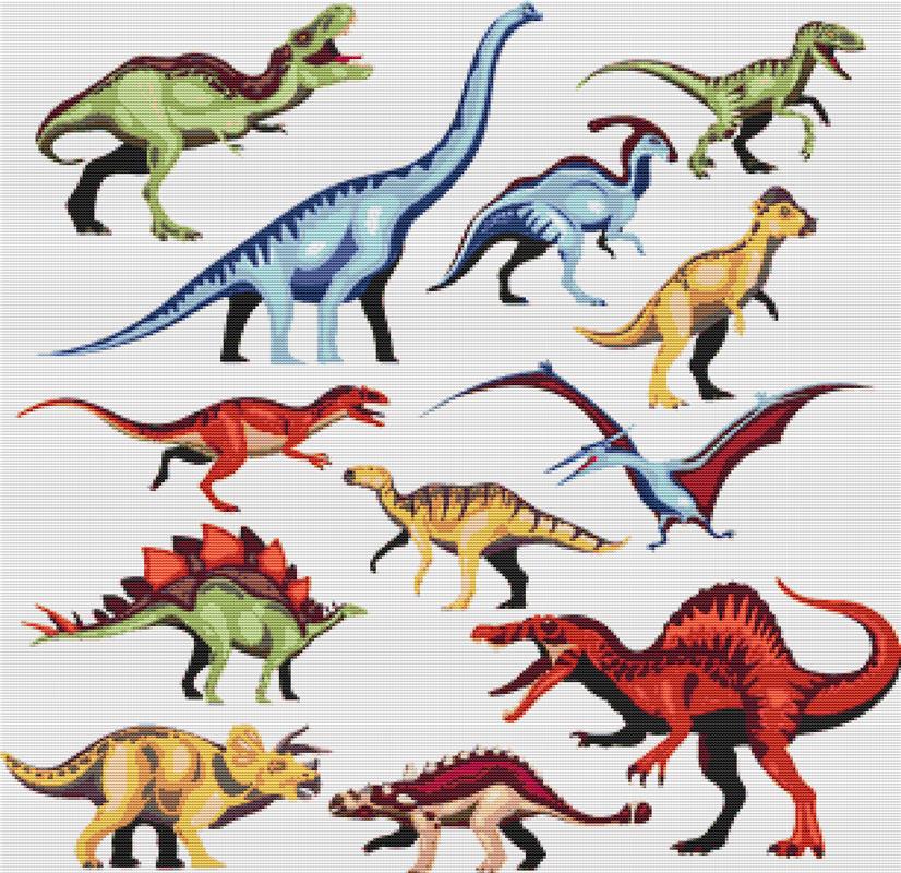 Coloured Cartoon Dinosaurs - X Squared Cross Stitch