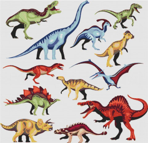 Coloured Cartoon Dinosaurs - X Squared Cross Stitch