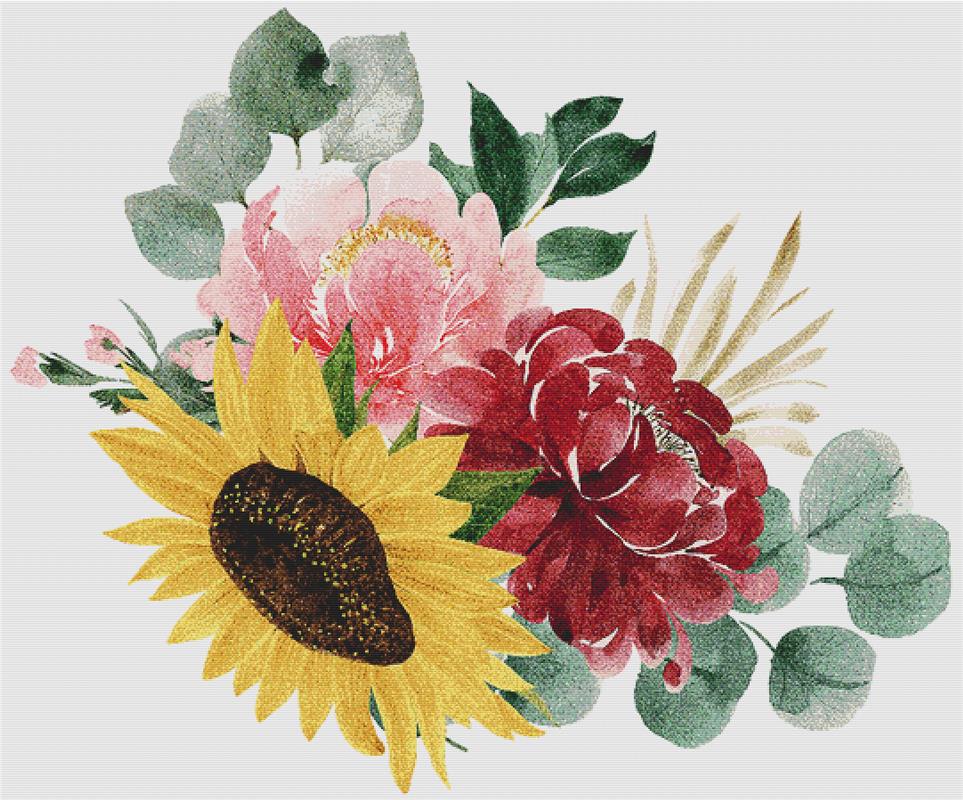 Burgundy And Sunflower Arrangement - X Squared Cross Stitch