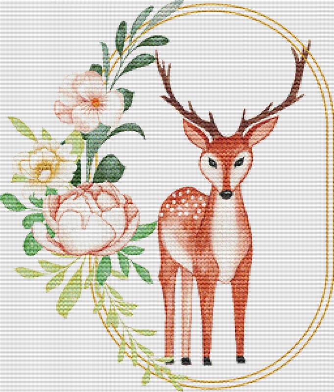 Watercolour Deer Floral Frame - X Squared Cross Stitch