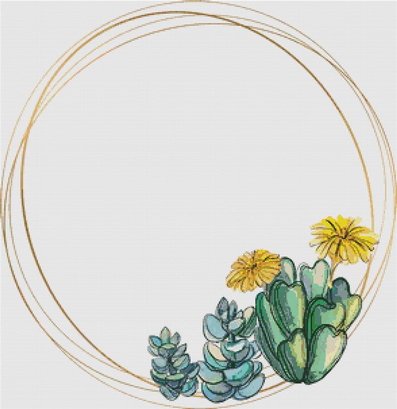 Round Gold Frame With Succulents - X Squared Cross Stitch