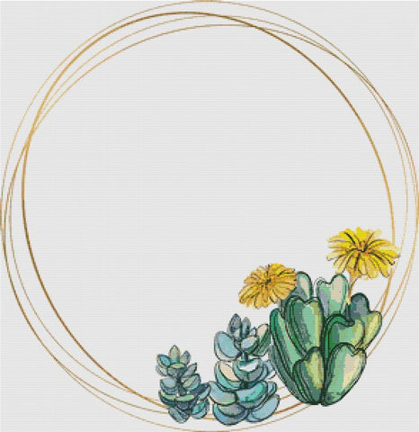 Round Gold Frame With Succulents - X Squared Cross Stitch