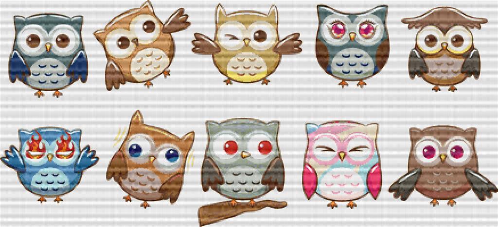 Cute Cartoon Owl Set - X Squared Cross Stitch