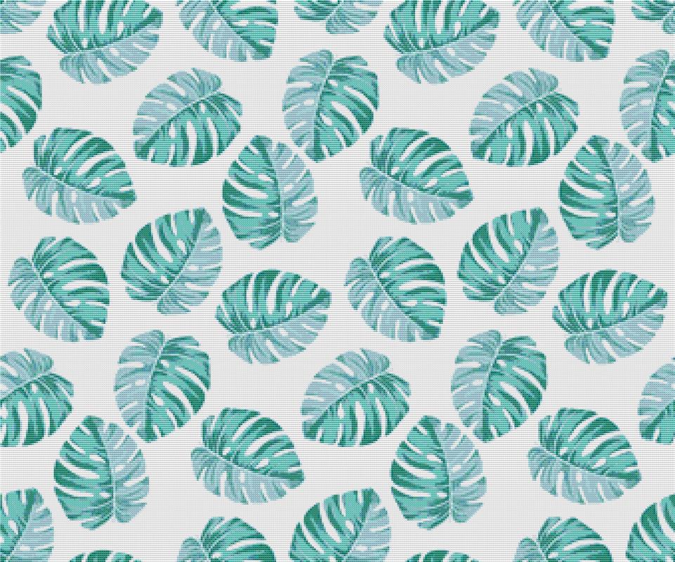 Blue Monstera Leaves - X Squared Cross Stitch