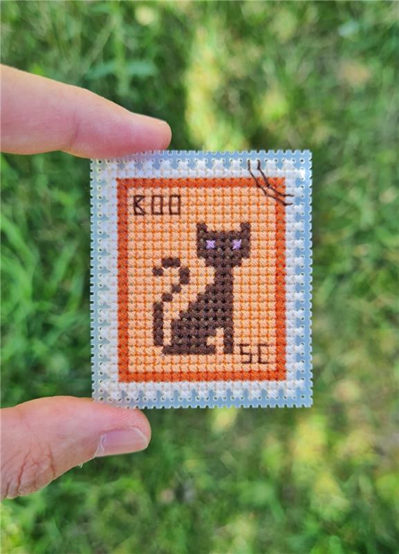 Halloween Cat Postage Stamp - Cute Embroidery by Kate