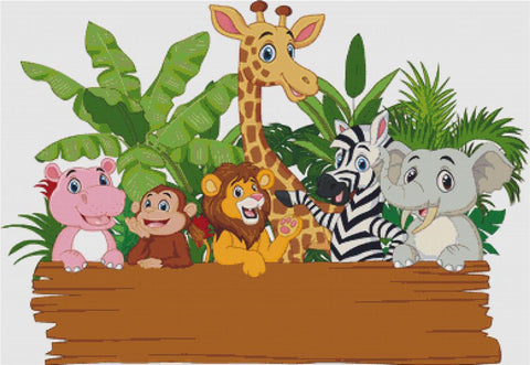 Cartoon Wild Animals Holding A Blank Board - X Squared Cross Stitch