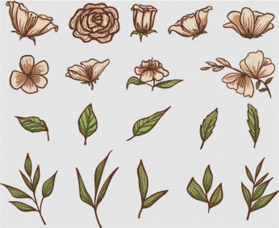 Set Of Botanical Flowers And Leaves - X Squared Cross Stitch