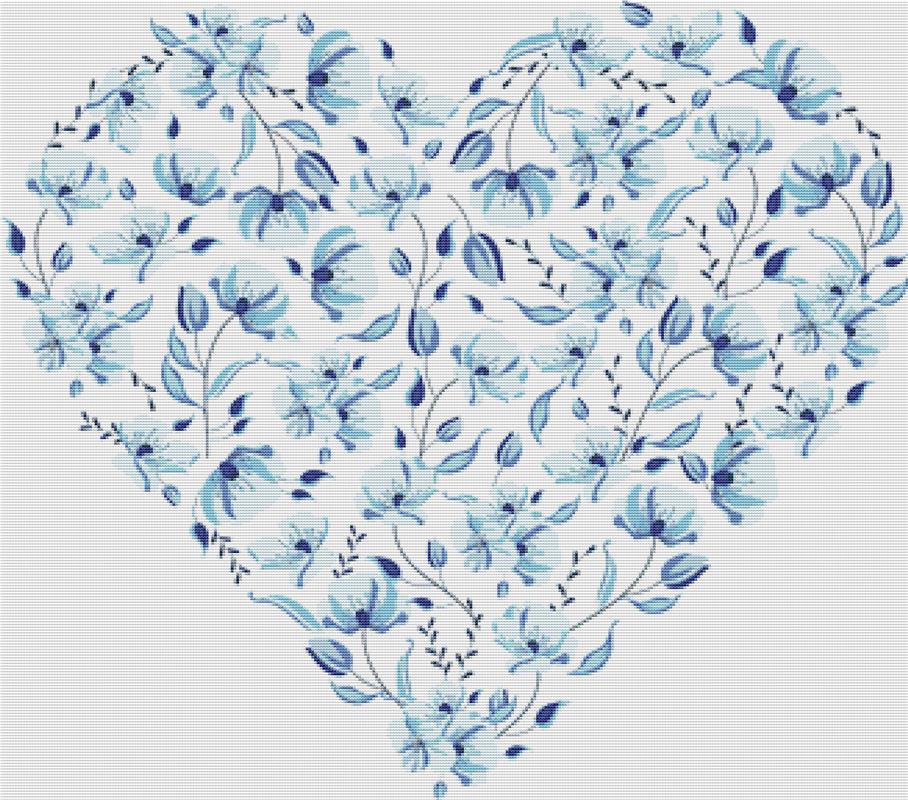 Delicate Heart Of Blue Flowers - X Squared Cross Stitch