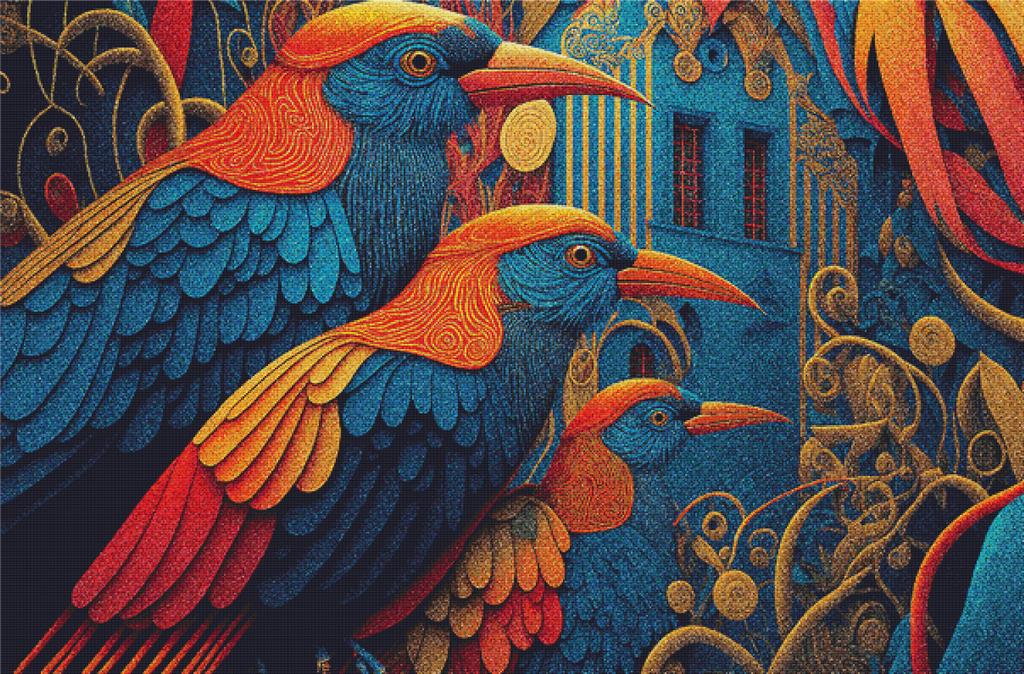 Group Of Colourful Birds Sitting On Top Of A Building - X Squared Cross Stitch