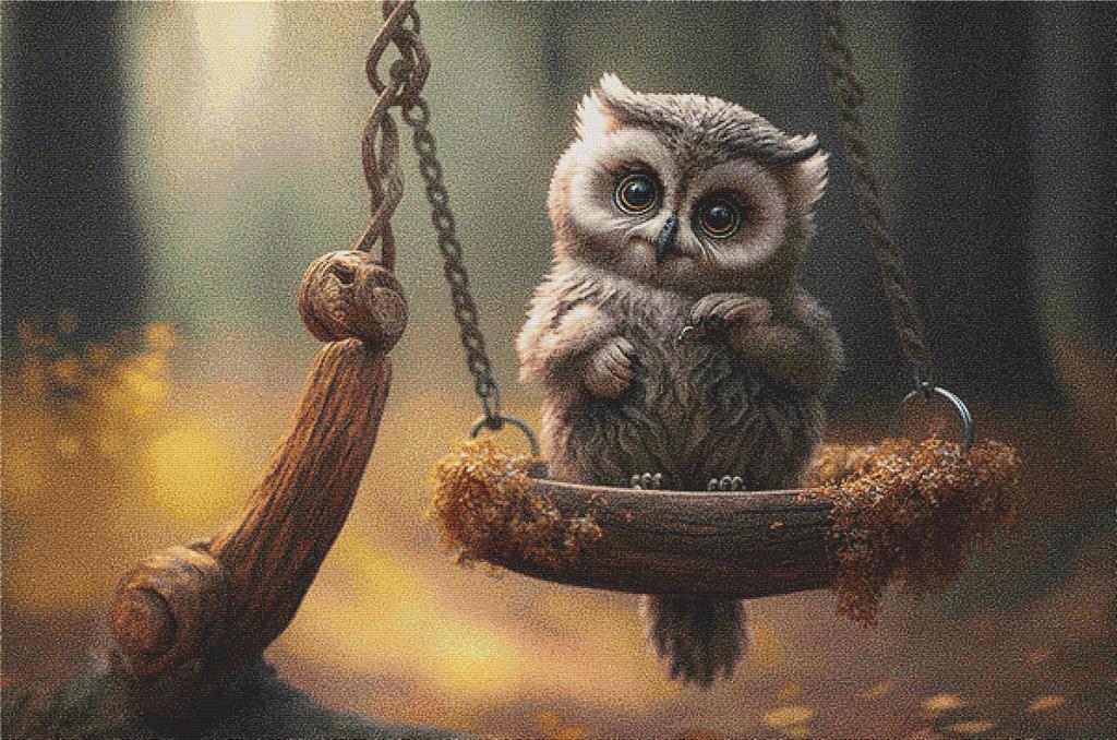 Baby Owl On A Swing - X Squared Cross Stitch