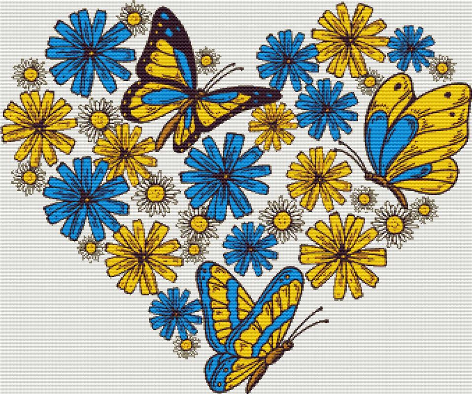 Yellow And Blue Butterfly Heart - X Squared Cross Stitch