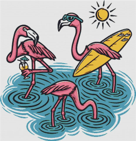 Three Cute Flamingos On The Beach - X Squared Cross Stitch