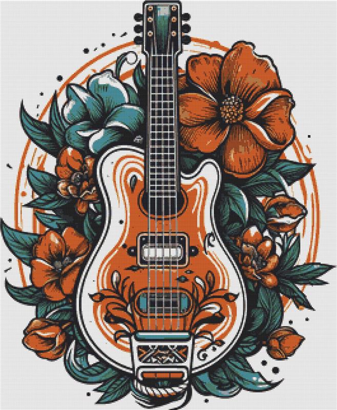 Guitar And Flowers - X Squared Cross Stitch