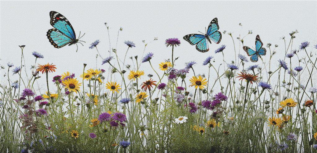 Blue Butterflies And Flowers - X Squared Cross Stitch