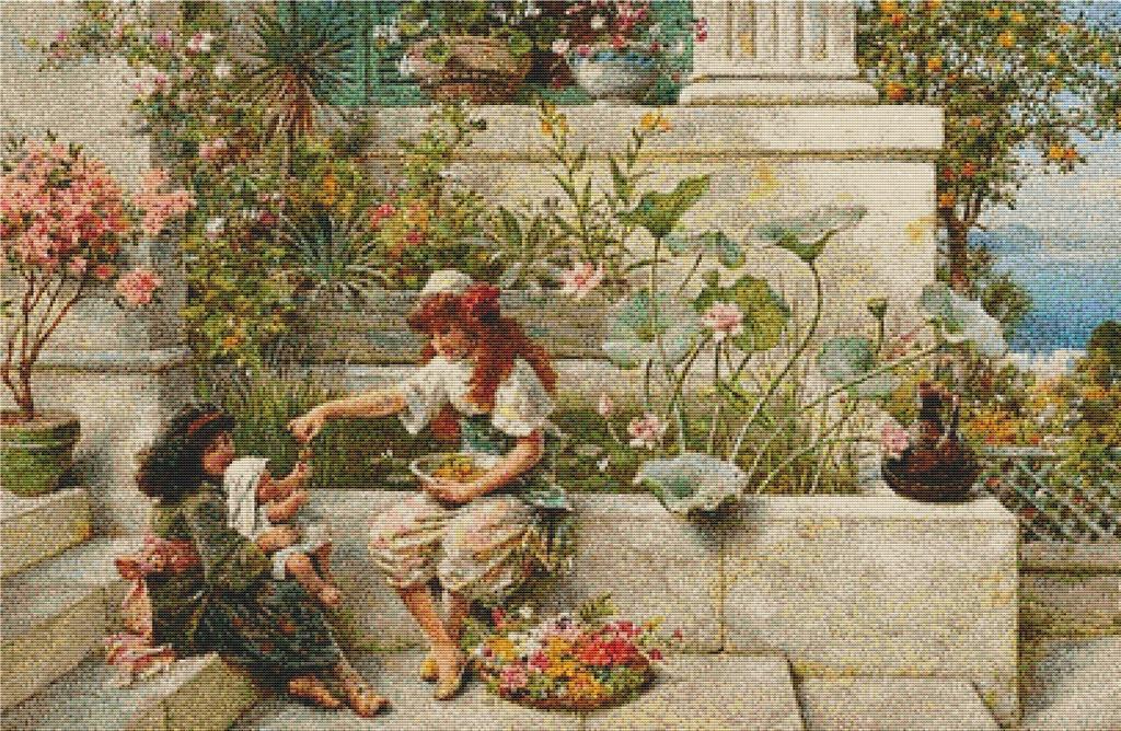 Children Playing By The Lily Pond - X Squared Cross Stitch