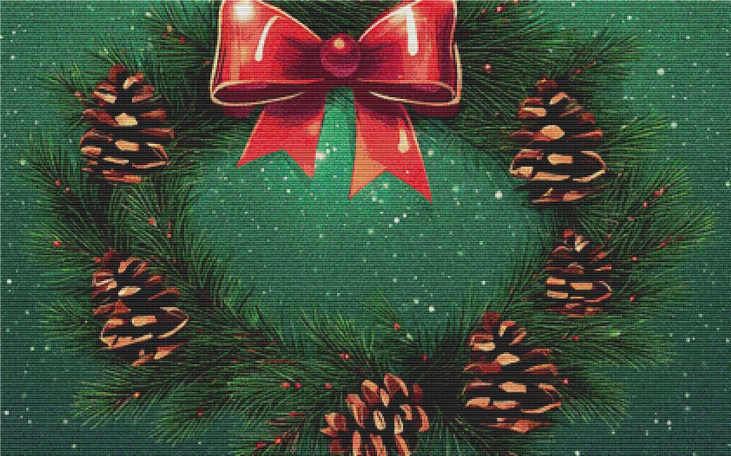 Christmas Wreath With A Bow And Pinecones - X Squared Cross Stitch