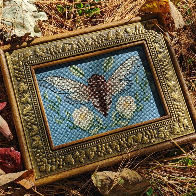 White Blossom Cicada - StitchSprout Cross Stitch