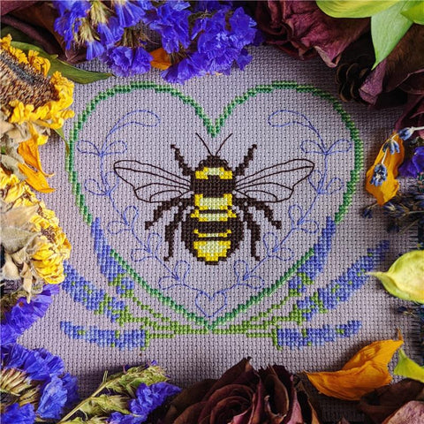 Lavender Bee Heart - StitchSprout Cross Stitch