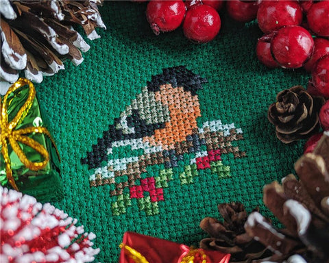 Festive Bullfinch Bird Ornament - StitchSprout Cross Stitch