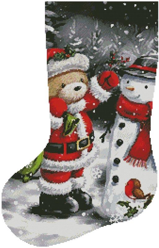 Teddy Santa With Snowman Stocking (Left) - Artecy Cross Stitch