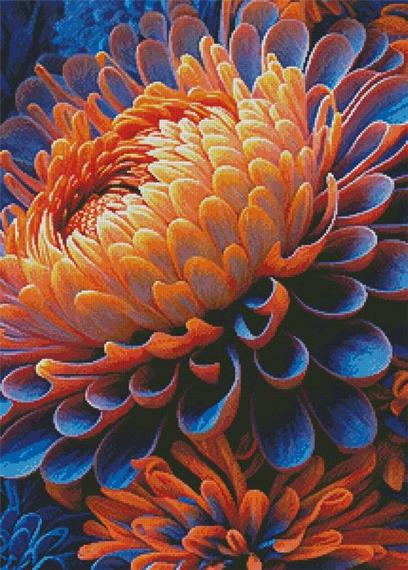 Orange And Blue Chrysanthemums - Artecy Cross Stitch