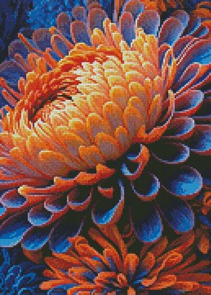 Mini Orange And Blue Chrysanthemums - Artecy Cross Stitch