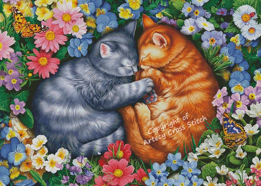 Sleeping Kittens In Flowers (Large) - Artecy Cross Stitch