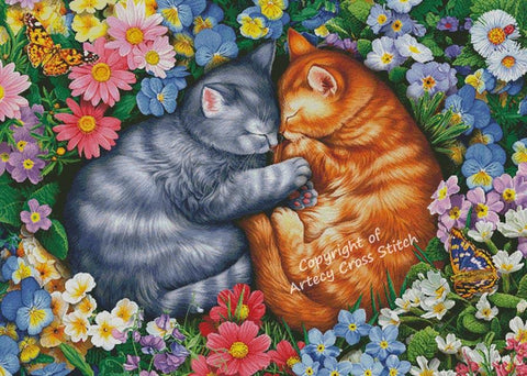 Sleeping Kittens In Flowers (Large) - Artecy Cross Stitch