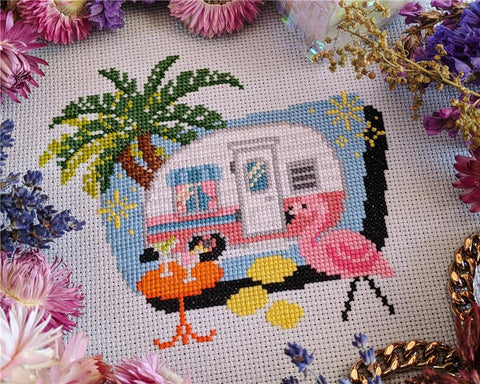 Flamingo Springs Mid Century Trailer - StitchSprout Cross Stitch