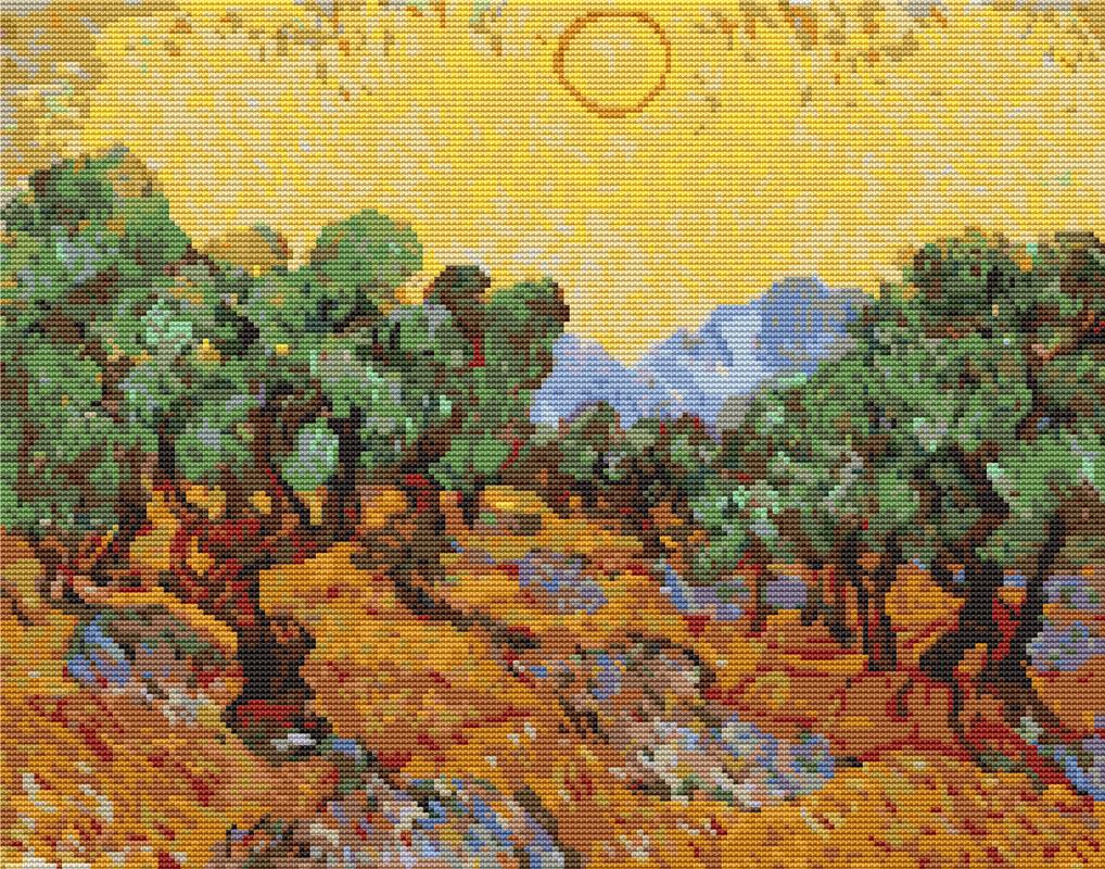 Olive Trees With Yellow Sky And Sun - Art of Stitch, The