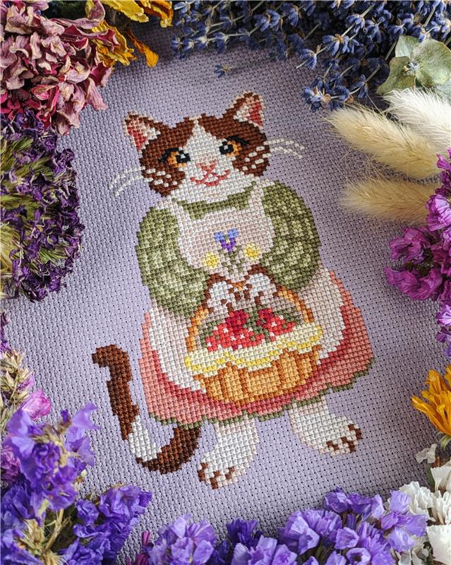 Strawberry Cottage Farmer Cat - StitchSprout Cross Stitch