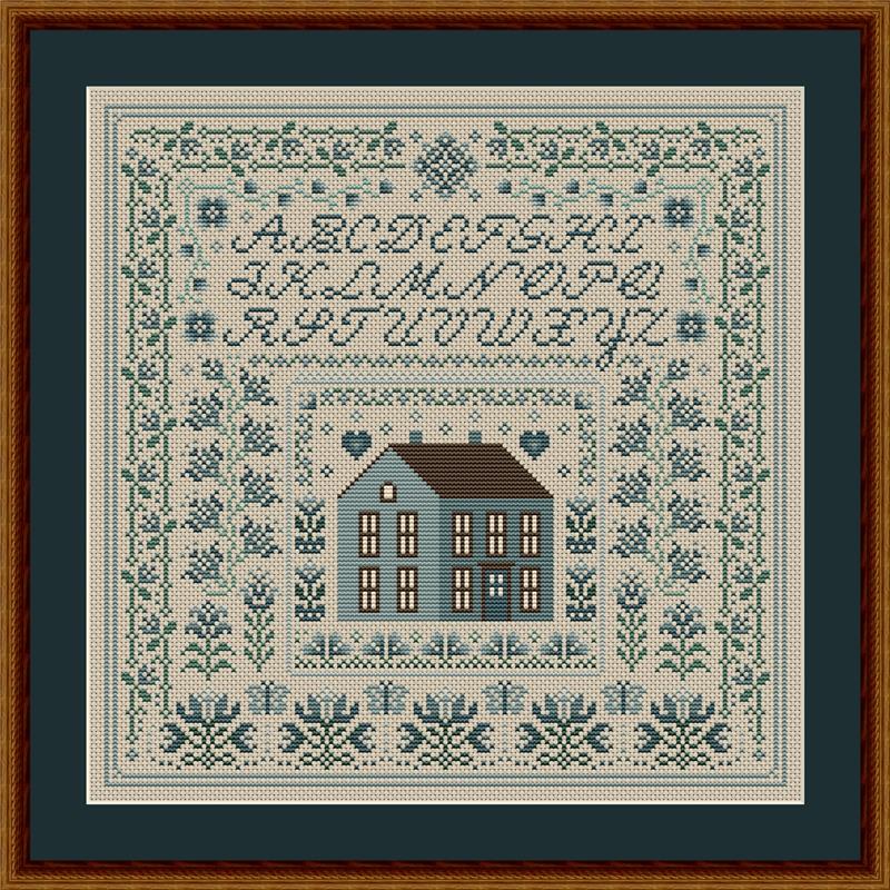 Blue Hollyhock House Sampler - Happiness Is  HeartMade