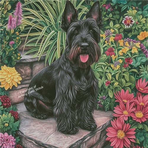 Scottish Terrier In A Garden (Large)  - Artecy Cross Stitch