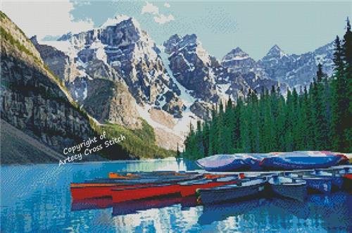Boats On Moraine Lake, Canada - Artecy Cross Stitch