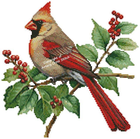 Mini Female Cardinal And Holly - Artecy Cross Stitch