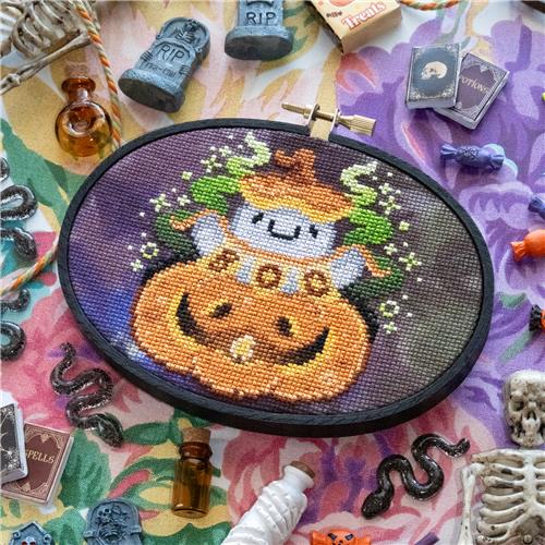 Punk-A-Boo Cute Halloween Pumpkin - StitchSprout Cross Stitch